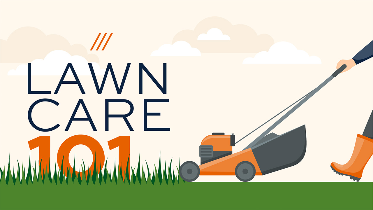 A graphic illustration shows a lawnmower cutting grass