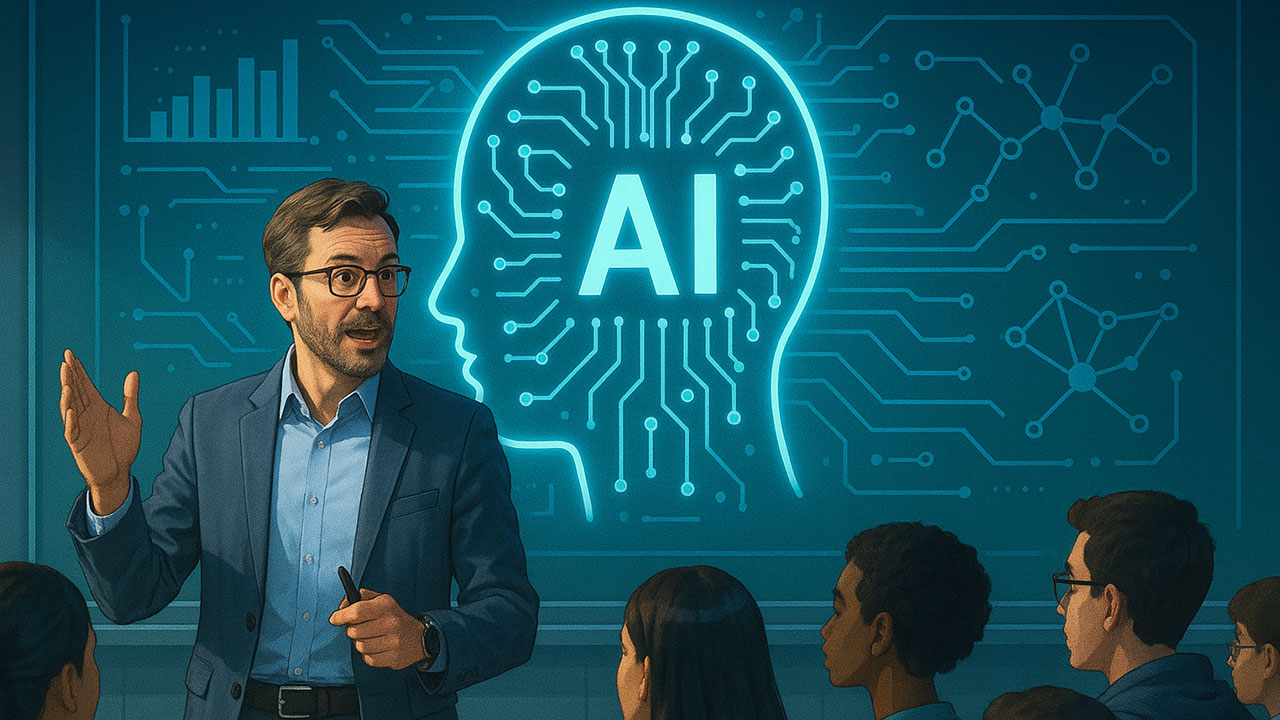 An AI image of a college professor teaching a class about AI