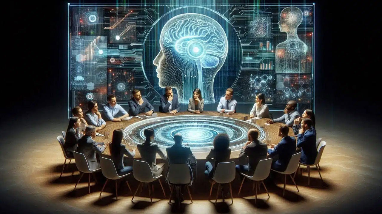 An AI image of a group of people sitting around a table in a futuristic setting