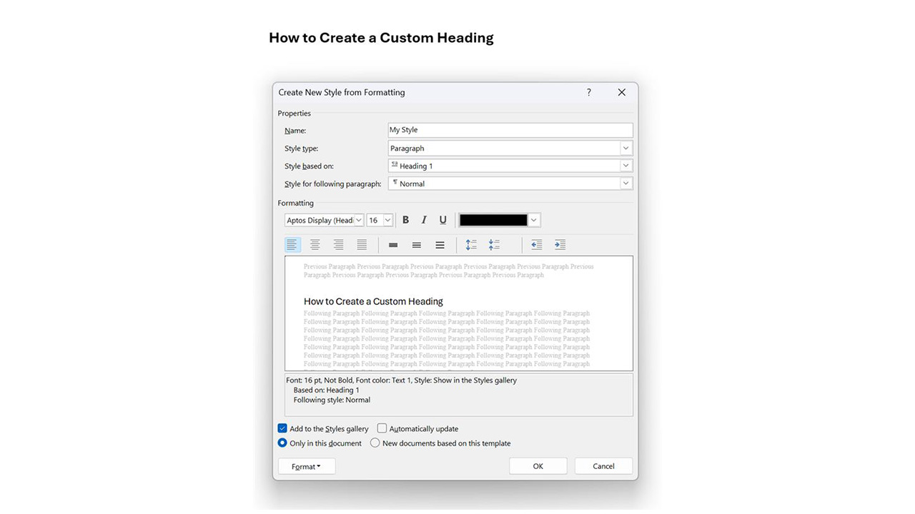 A picture of an action box in word that allows you to make headings