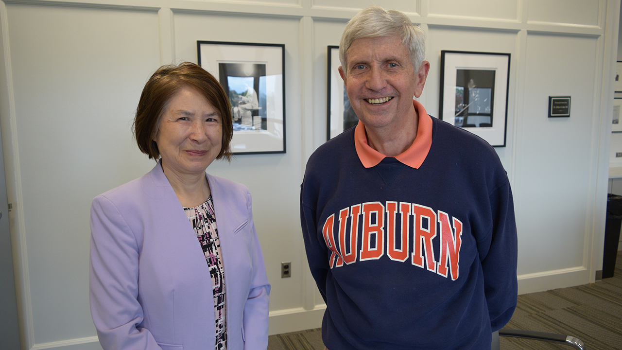Auburn Libraries Dean Shali Zhang is pictured with Bill Edwards in the Ralph B. Draughon Library.