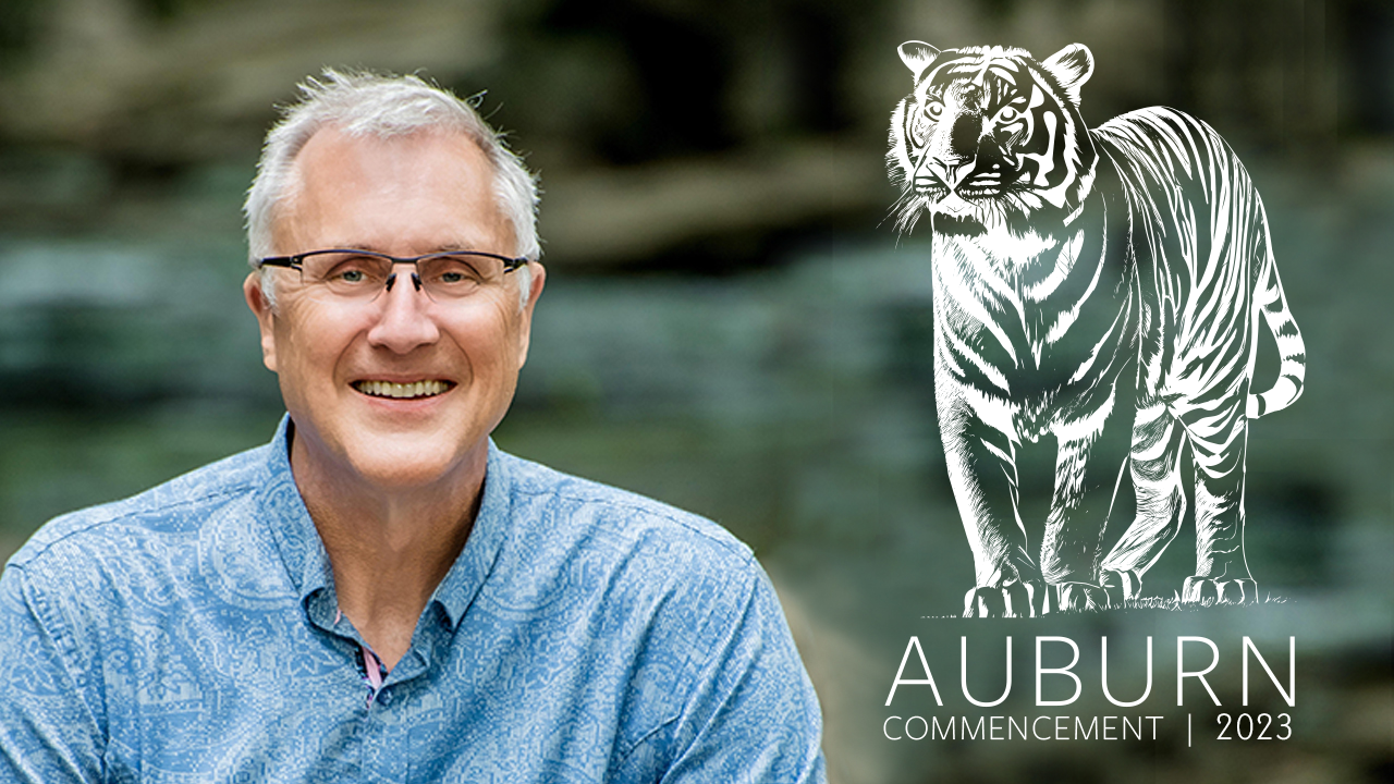 Headshot of Thomas Dempsey with Fall Commencement Logo (Standing Tiger Line Art in White with Text Auburn Commencement 2023