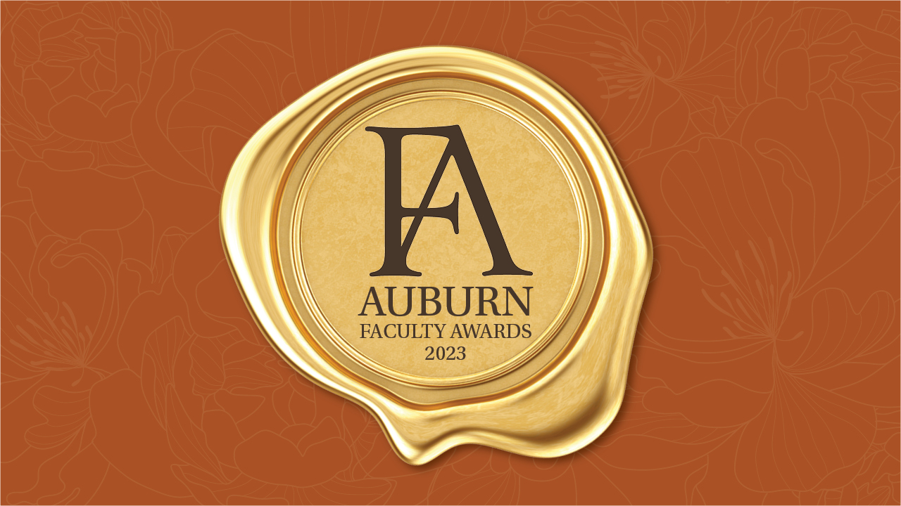 Orange background with subtle floral pattern; gold was seal with Faculty Awards Logo (FA "Faculty Awards 2023")