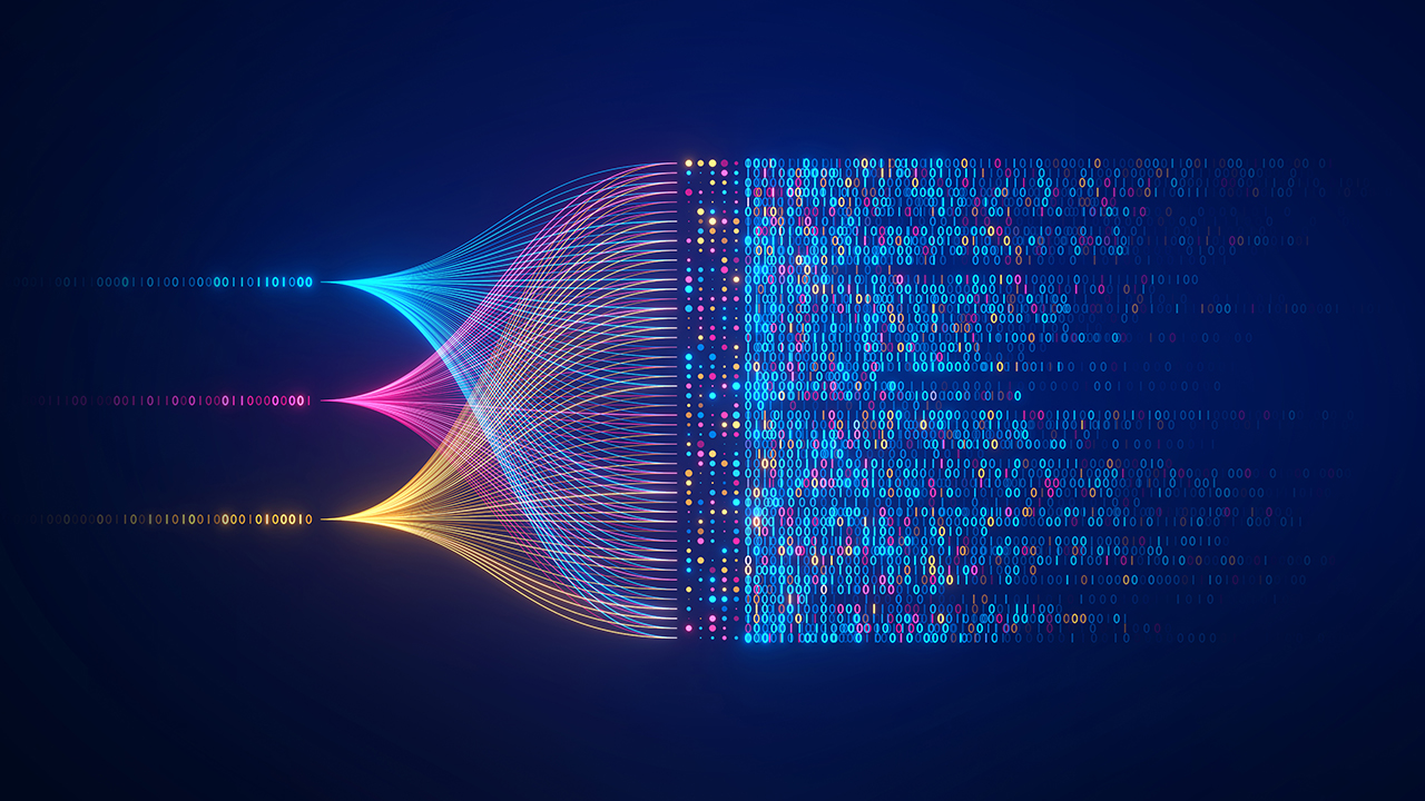 Image of cyan, magenta and gold "0"s and "1"s