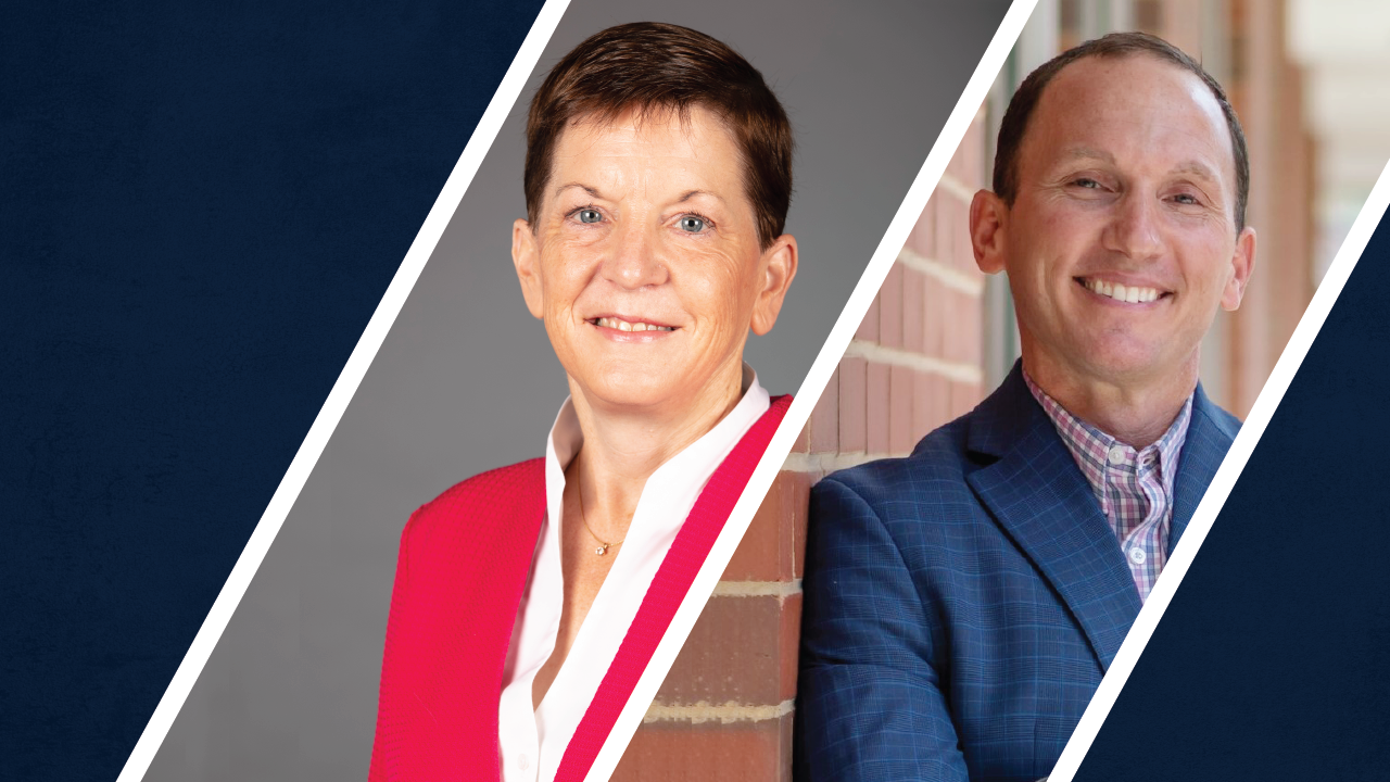 Headshots of Jennifer Bloom and Kevin Snyder cropped into diagonal sections with a navy background