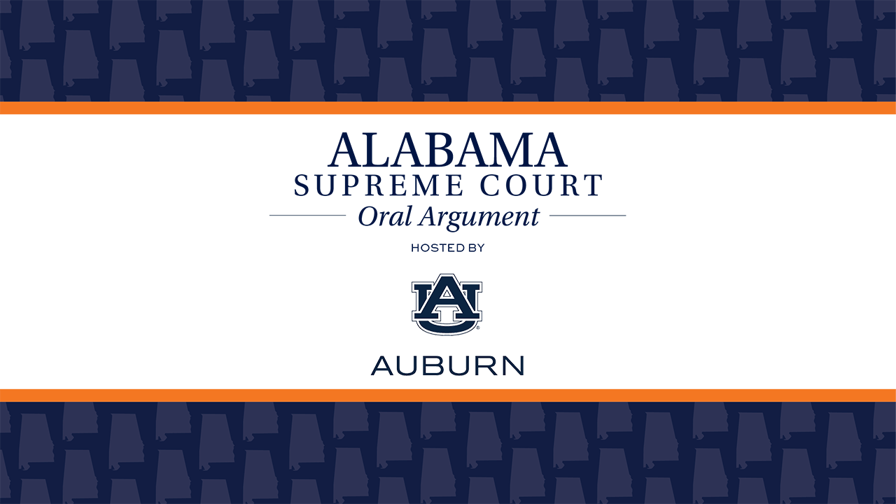 Light blue and navy pattern with the shape of the state of Alabama with Alabama Supreme Court Oral Argument hosted by Auburn