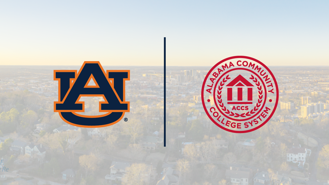 Cityscape with Auburn University Logo and Alabama Community College System Logo