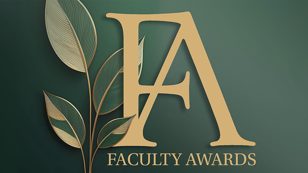 Faculty Awards Logo on green background with leaf